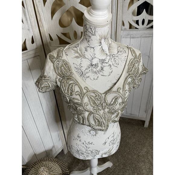 Vintage Cream White Beaded Embroidered Metallic Cropped Top Size Small - Picture 1 of 6